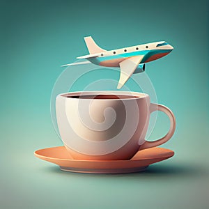 Airplane is flying over a cup of coffee, travel and vacation concept, holiday trip