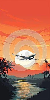 Airplane flying over the horizon of a tropical beach at sunset, AI-generated.