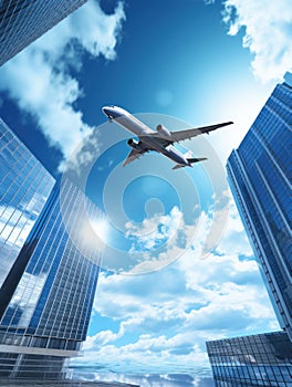 Airplane flying over the modern business building.