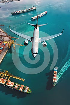 An airplane flying over the sea with cargo containers and ships