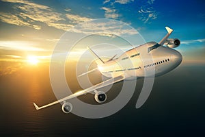 Airplane flying over the sea during sunset