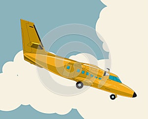 Airplane flying over sky with clouds in vintage color stylization