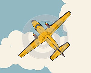 Airplane flying over sky with clouds in vintage color stylization