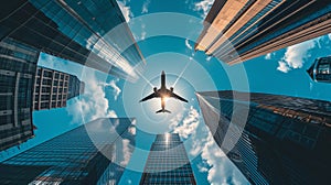 Airplane flying over skyscrapers. Business travel and transportation concept