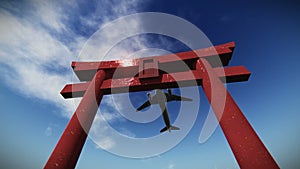 Airplane flying over a torii footage