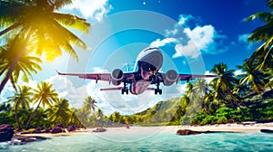 Airplane flying over tropical beach with palm tree in the background. Generative AI