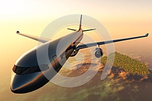 Airplane flying over a tropical island 3d render