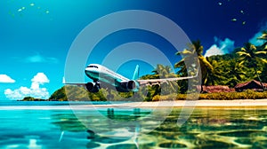 Airplane flying over tropical island with beach in the foreground. Generative AI