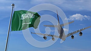 Airplane flying over waving flag of Saudi Arabia. 3D rendering