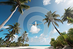 Airplane flying over a white sandy beach with palm trees. Generative AI