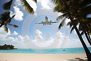 Airplane flying over a white sandy beach with palm trees.Generative AI