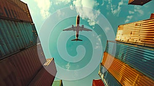 Airplane flying overhead between high colorful cargo containers. Urban sky, travel concept, clear blue sky. Low angle
