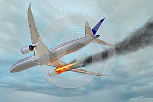 Airplane flying in the sky with an engine on fire Mayday danger