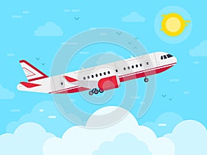 Airplane flying in sky. Jet plane fly in clouds, airplanes travel and vacation aircraft flat vector illustration