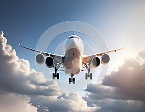 Airplane flying in sky. Jet plane fly in clouds, airplanes travel and vacation aircraft. Flight plane, airplane trip to airport or