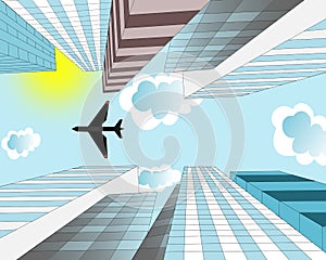 The airplane is flying in the sky over skyscrapers in the