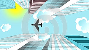The airplane is flying in the sky over skyscrapers, animation,