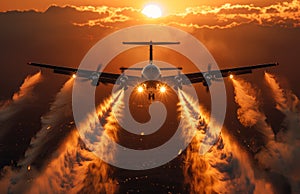 Airplane is flying in the sky at sunset with water vapor