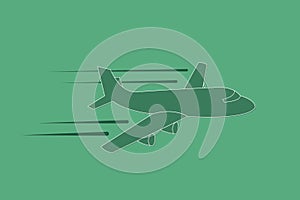 Airplane flying with speed and straight path vector illustration on green background