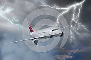 Airplane flying in storm