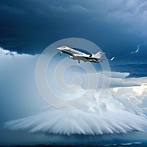 Airplane flying through storm clouds with Private jet