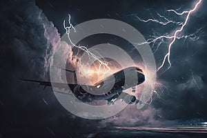 Airplane flying during storm, lightning strikes to passenger plane created by generative AI