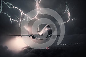 Airplane flying during storm, lightning strikes to passenger plane created by generative AI