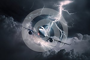 Airplane flying during storm, lightning strikes to passenger plane created by generative AI