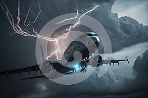 Airplane flying during storm, lightning strikes to passenger plane created by generative AI