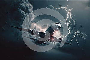 Airplane flying during storm, lightning strikes to passenger plane created by generative AI