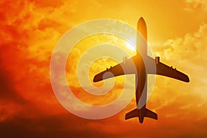 Airplane flying sunset on 3d illustrations