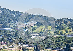 airplane flying take off from runway at Samui Airport, Samui island, Surat Thani, Thailand