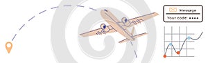 Airplane flying with travel data visualization and location pin concept