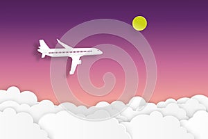 Airplane flying on twilight sky with moon and cloud tranportation and travel concept paper art cut style vector illustration