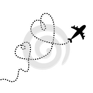 Airplane flying. Two dash line heart loop in the sky. Air plane icon. Black silhouette shape. Travel trace. Happy Valentines Day
