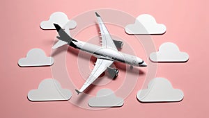 Airplane flying among white clouds on a pink background setting