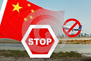 Airplane with forbidden sign and China flag. No fly zone in China