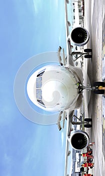 Airplane front view at airport