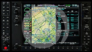 Airplane glass cockpit display with weather radar and engine gauges