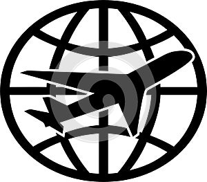 Airplane and globe, transportation and travel logo, sticker label