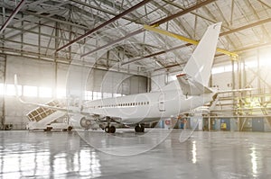The airplane in the hangar, behind the whole plane and the gangway.