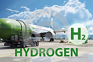 Airplane and hydrogen tank trailer in airport. New Fuel Energy, Sustainability Concept. H2 Hydrogen Aircraft,