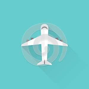 Airplane icon with long shadow. Vector illustration, flat design