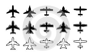 Airplane icon. Plane silhouette. Outline aircraft for travel, transport, cargo and military. Symbol for airplain. Simple white and photo