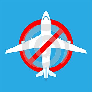 Airplane icon in prohibition sign. The ban or stop on flying in the sky. No fly