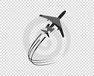 Airplane. Icon silhouette taking off. A twisting plane trail. Vector element isolated on a transparent background.