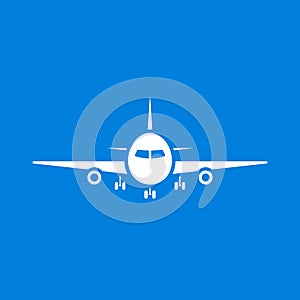 Airplane Icon white silhouette isolated on blue background, Vector plane symbol