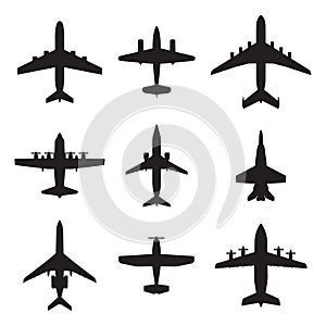 Airplane icons set isolated on white background. Vector silhouettes of passenger aircraft, fighter plane and screw