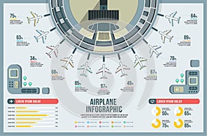 Airplane infographic set vector, design building, icon graphic transport, airline chart modern, landscape, airport presentation di