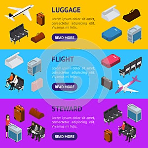 Airplane Interior Elements with People Banner Horizontal Set Isometric View. Vector